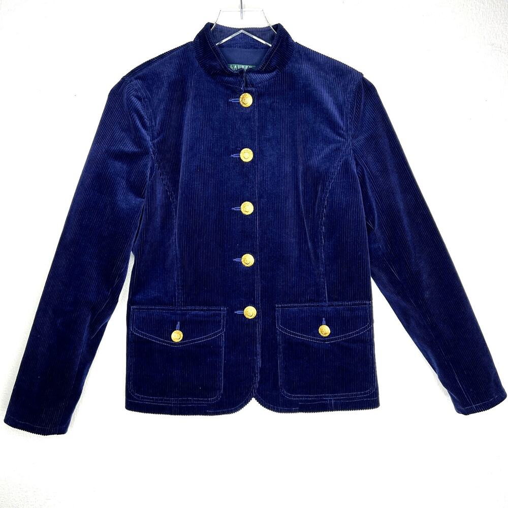LAUREN Ralph Lauren Navy Blue Corduroy Blazer Jacket 8 Gold Buttons